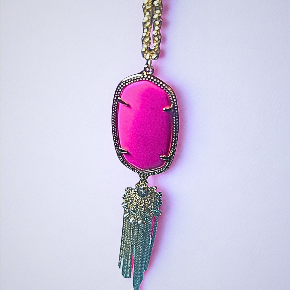 Kendra Scott Long Pink Tassel Necklace, Gold tone, Large Pendant, W/ Bag
